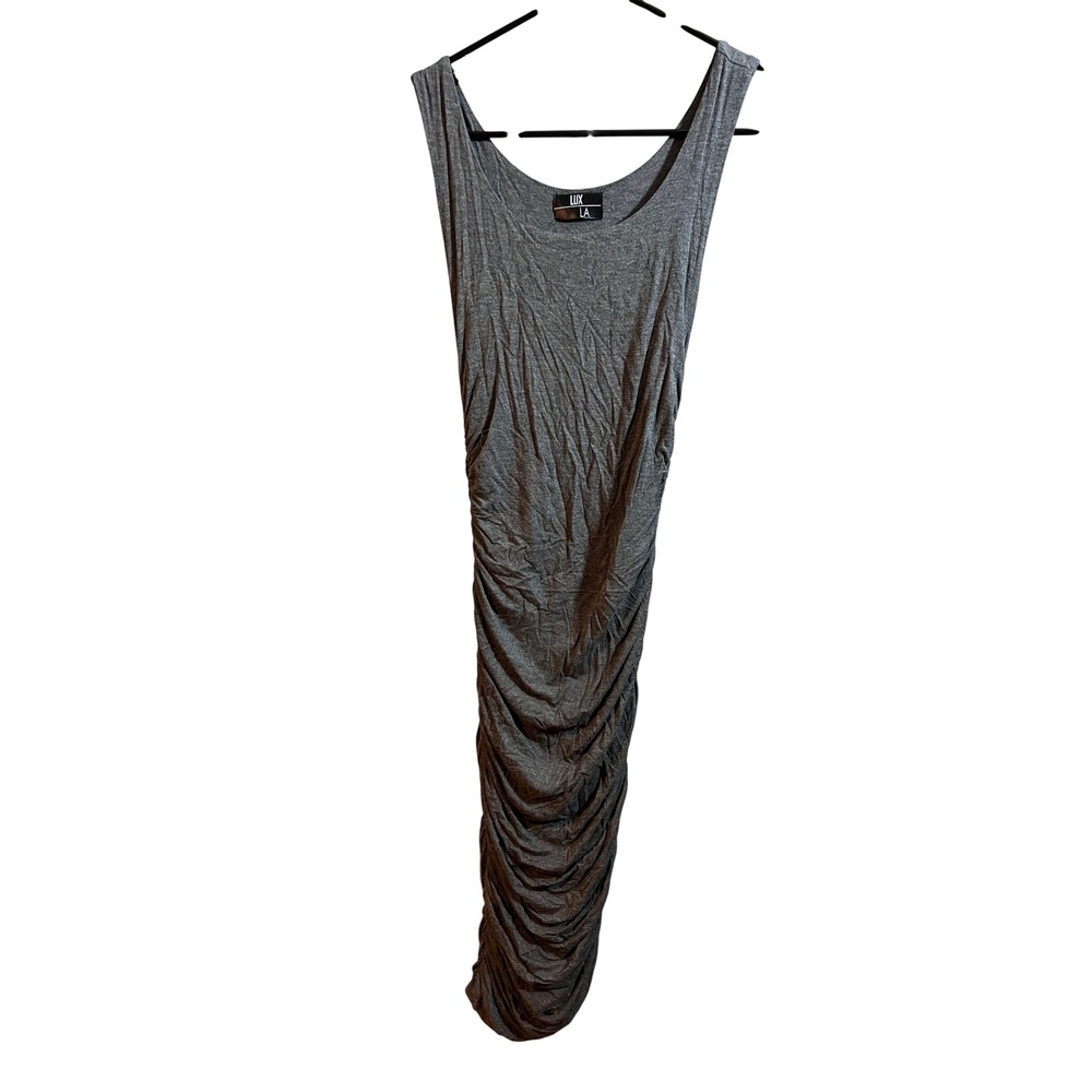 Lux LA Ruched Maxi Dress Womens Small Grey Excellent Sleeveless Scoop Neck